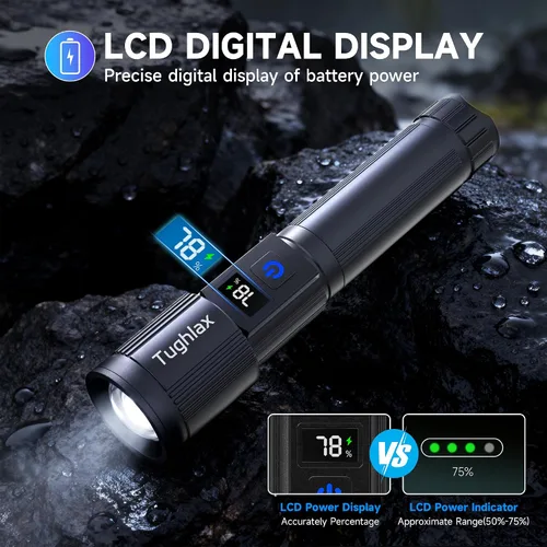Vista 7 de 4 paquetes de linternas recargables de alto lúmenes 9900LX, linterna LED recargable con pantalla digital LCD, linterna ajustable de 5 modos