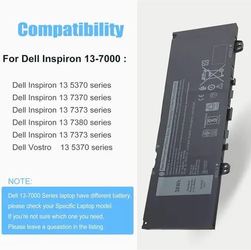 Vista 3 de F62G0 - Batería de repuesto para laptop Dell Inspiron 13 7000 2 en 1 7373 7370 7380 7386 5370 P83G P83G001 F62GO RPJC3 0RPJC3 39DY5 039DY5