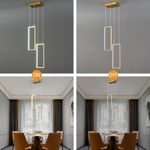 Vista 8 de Accesorio de Lámpara Colgante Moderna para Cocina Dorada 18W LED Lámpara Colgante 2 Anillos Candelabro Rectangular Iluminación Colgante para Isla