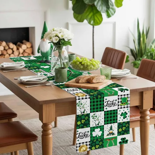 Vista 2 de Camino de mesa para el día de San Patricio, algodón y lino, trébol de la suerte, gnomos, antideslizante, decoración de festividades de primavera
