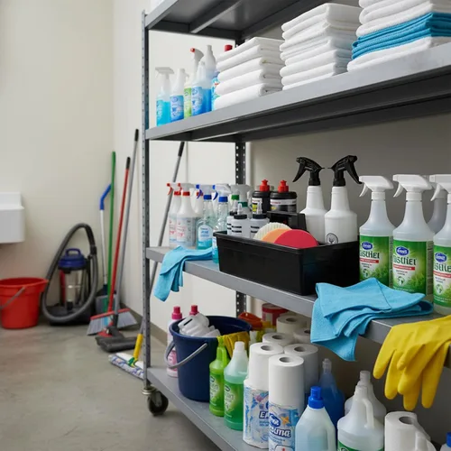 Vista 4 de Cesta de limpieza de plástico con 3 compartimentos – Cubo organizador de herramientas de plástico apilable de calidad comercial grande con asa