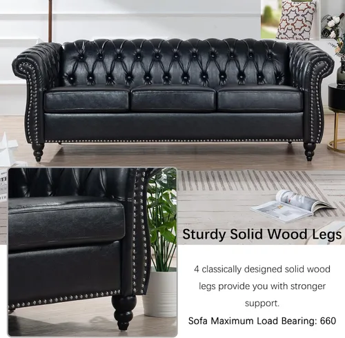 Vista 4 de 84.65" Scroll Arms Chesterfield Sofa PU Leather 3 Seater Couch with Soft Seating Cushions, Modern Style 3-seat Sofa for Living Room Office Apartment