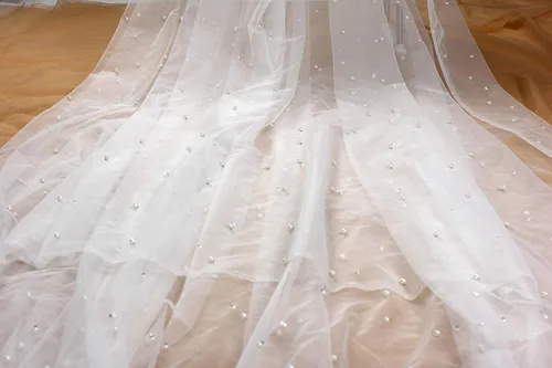 Vista 2 de Calidad novia viel perlas tul 180"x63" para vestidos blanco (marfil claro) Tull tela