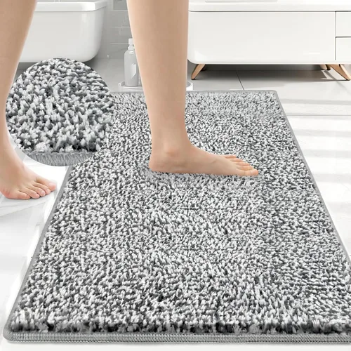Vista 13 de HDFK Alfombra de baño antideslizante de 24 x 16 pulgadas, 2 tonos, felpilla suave, con respaldo de TPR Absorbencia sólida negro blanco Alfombra