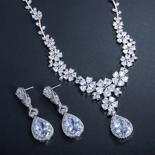 Vista 6 de SLFDXDP Joyería para mujer, joyería de boda, fiesta, disfraz de gota, flor de novia, conjuntos de collares para novias (color metal chapado en plata)