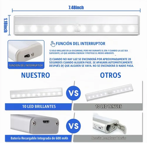 Vista 5 de Paquete de 6 luces LED con sensor de movimiento, iluminación inalámbrica para debajo del gabinete, luces LED con sensor de movimiento, barra de luz