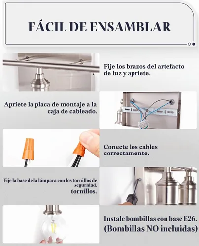 Vista 7 de Lámpara de tocador de 3 luces, moderna lámpara de pared de níquel cepillado, iluminación industrial de pared de tocador de baño para espejo, base