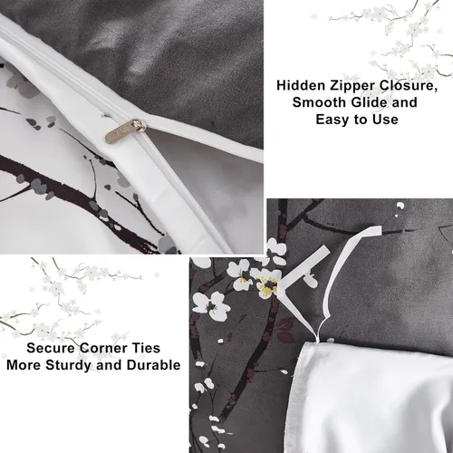 Vista 5 de WONGS BEDDING - Juego de funda de edredón floral, tamaño queen, gris oscuro, 3 piezas, ropa de cama con estampado de flores de ciruelo, con 2 fundas