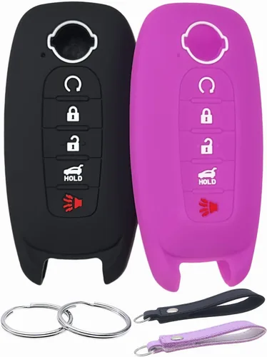 Vista 11 de REPROTECTING Funda de goma de silicona para llavero compatible con Nissan Pathfinder Rogue Kicks (5 botones, negro/rosa)