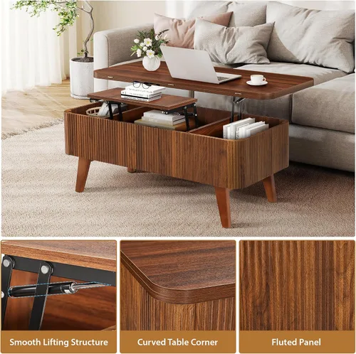 Vista 6 de Mesa de centro elevable 3 en 1, mesas de centro convertibles acanaladas que se convierten en mesas de comedor, moderna mesa central de madera Nuez 3