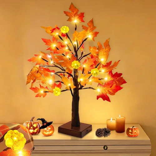 Vista 9 de Árbol de arce preiluminado de otoño con temporizador de luces de calabaza