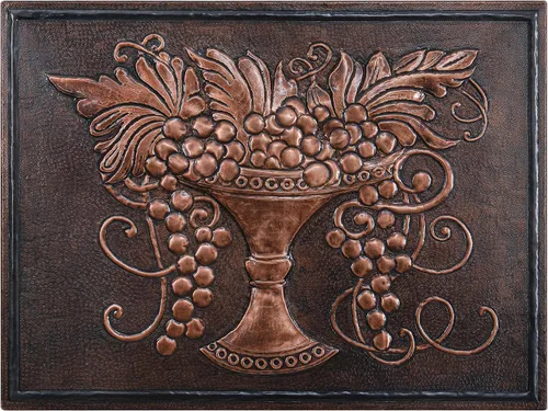 Vista 2 de Protector contra salpicaduras de cocina, vides de uva en un plato de cobre, panel de cobre personalizado, azulejos de cobre hechos a mano, Marrón