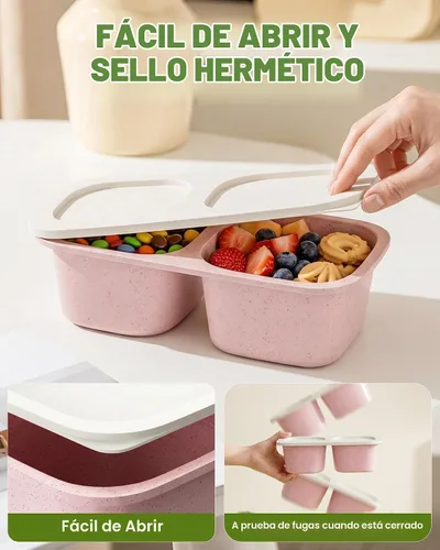 Vista 4 de Paquete de 5 recipientes reutilizables con tapas, 2 compartimentos pequeños Bento, lonchera de paja de trigo sin BPA para la escuela, viajes