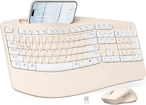 Vista 9 de Combo de teclado y mouse inalámbricos, teclas onduladas de tamaño completo 2.4G, teclado ergonómico con reposamuñecas, soporte para teléfono, mouse