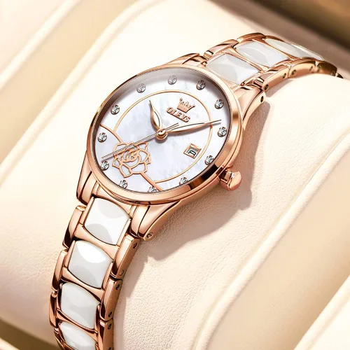 Vista 3 de OLEVS Relojes para mujer, oro rosa, de dos tonos, de moda, de cerámica, blanco, esfera rosa, roja, acero inoxidable, fecha impermeable