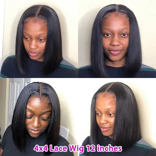 Vista 3 de Peluca corta lacia 4x4 con cabello de bebé, peluca frontal de encaje transparente, línea capilar prearrancada, cabello humano virgen brasileño negro
