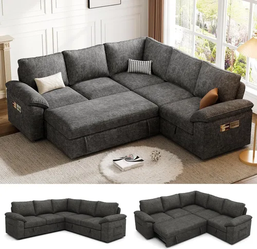 Vista 15 de Sofá modular de 85 pulgadas con cama extraíble, sofá modular de 5 asientos en forma de L con almacenamiento, sofás seccionales para sala de estar