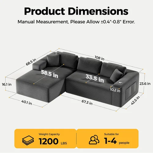 Vista 2 de CAMMOO Sofá Seccional Cloud de 108" en Una Caja, Sofá Seccional Modular Comprimido con Asiento Profundo, Sofás de Pana Sin Huesos, Sofá