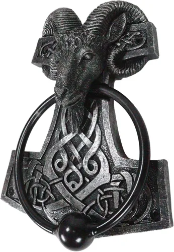 Vista 2 de Ebros Gift Viking Ram Skull Thor Hammer Mjolnir con runas, nudos, figura decorativa para puerta con bola golpeada integrada con acento de mitología