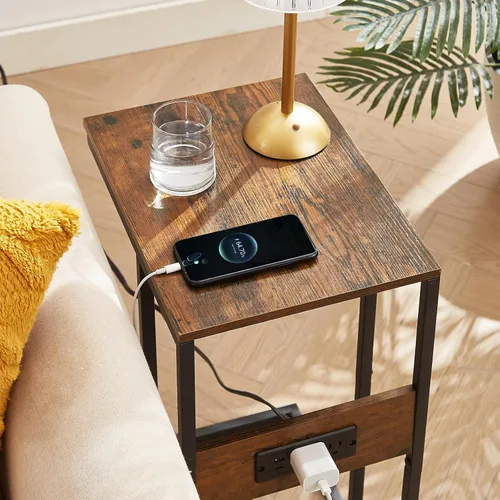 Vista 8 de BUDOME Mesa auxiliar en forma de C con estación de carga, mesa auxiliar con tomas, mesa de sofá con puertos USB C, mesa C con superficie premium