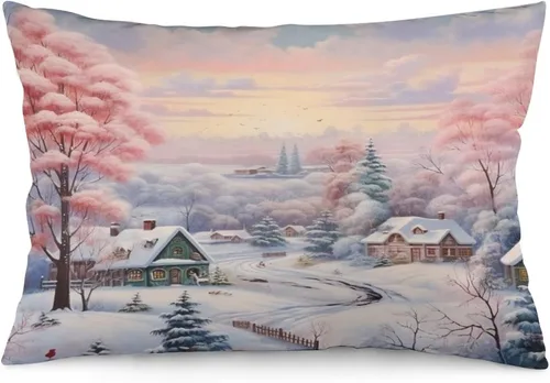 Vista 20 de Funda de almohada con escena de pueblo navideño con niños, fundas de almohada de 12 x 20 pulgadas, almohadas decorativas de Navidad para sofá, funda