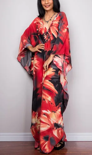 Vista 8 de Vestidos caftán para mujer con cuello ondulado, vestido de caftán, vestido de playa largo de gran