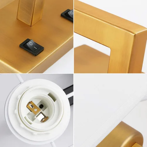 Vista 5 de PERMO Aplique de pared con acabado dorado antiguo, doble aplique con pantallas textiles blancas y botón de encendido y apagado para sala de estar