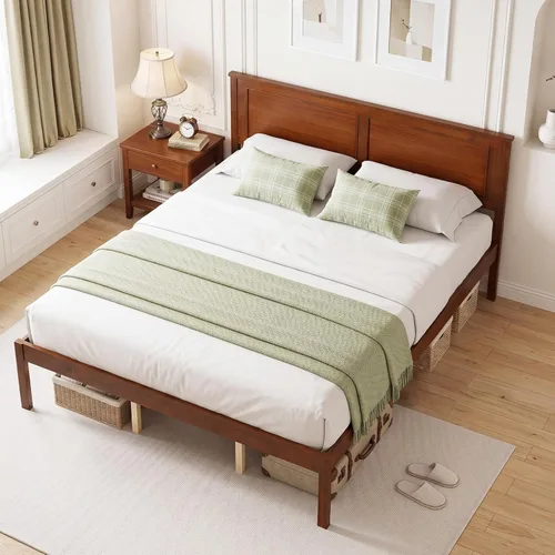 Vista 13 de GIANTEX Marco de cama de madera individual con cabecero, plataforma moderna de mediados de siglo con soporte de listones de madera, base de colchón
