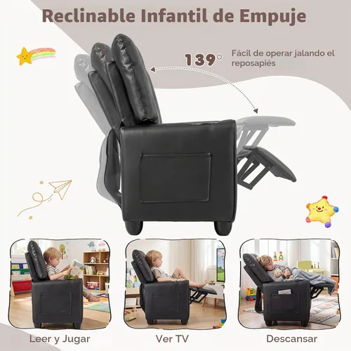 Vista 4 de Costzon Niños reclinable, PU cuero bebé bebé empujar hacia atrás sofá Negro