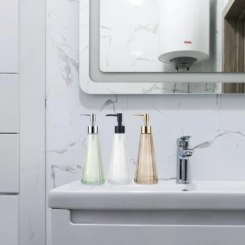 Vista 3 de IVAILEX Dispensador de jabón de manos de 10 oz/10.1 fl oz para baño, dispensador de jabón de cocina, dispensador de jabón de vidrio con bomba dorada