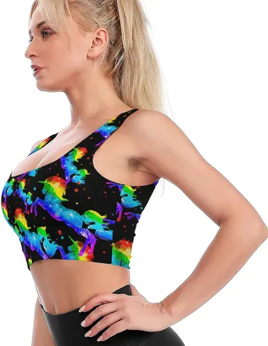 Vista 2 de BAIKUTOUAN Rainbow Galaxy Unicorn - Sujetador deportivo para mujer, camiseta sin mangas acolchada estampada