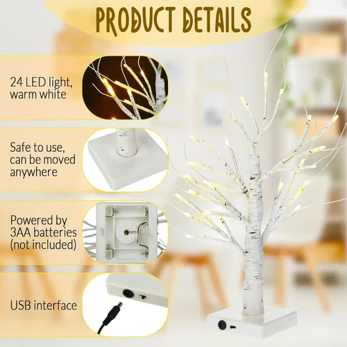 Vista 3 de Macarrie 4 piezas árbol de abedul con luces LED, decoraciones de Navidad y boda, mini ramas artificiales blancas iluminadas para mesa, funciona