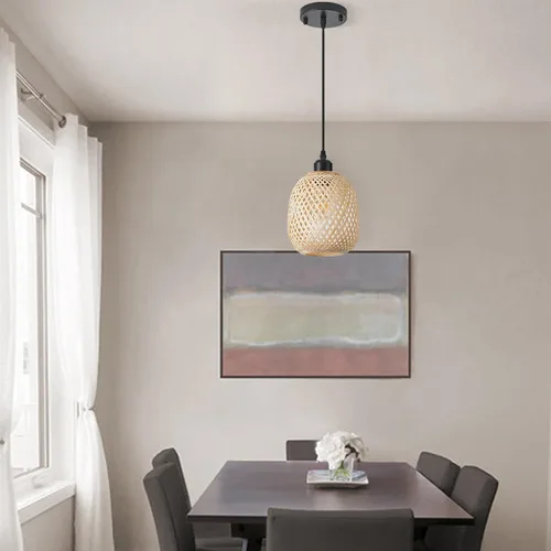 Vista 4 de 1 lámpara colgante de bambú tejida a mano, estilo bohemio, elegante, cordón ajustable, ratán de bambú, lámpara colgante de techo para comedor, bar