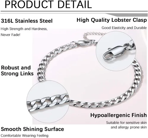 Vista 4 de PROSTEEL - Tobilleras de cadena de acero inoxidable para hombres y mujeres, tono plateado dorado, tobilleras hipoalergénicas, ajustables de 8 a