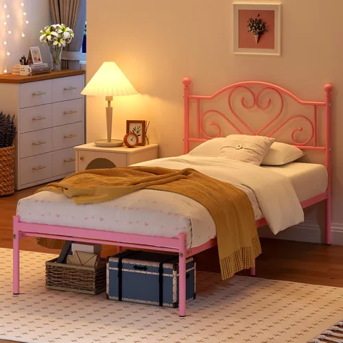 Vista 4 de Weehom Base de cama individual con cabecero, plataforma de metal resistente debajo de la cama, espacio de almacenamiento fácil de montar para niños