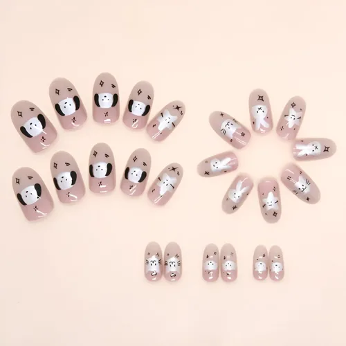 Vista 4 de Uñas postizas a presión de almendra, color rosa degradado medio, con bonito diseño de conejo y gato, uñas postizas de estrella plateada, uñas