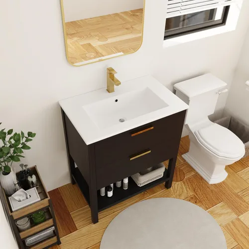 Vista 6 de Tocador de baño negro de 30 pulgadas con fregadero, tocador de baño independiente, tocador de baño, armario de tocador, 2 cajones y 1 estante abierto