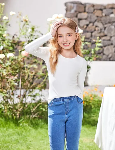 Vista 3 de Arshiner Camisas de punto acanalado de manga larga para niñas, suaves, ajustadas, cuello redondo, casual, capa base Blanco