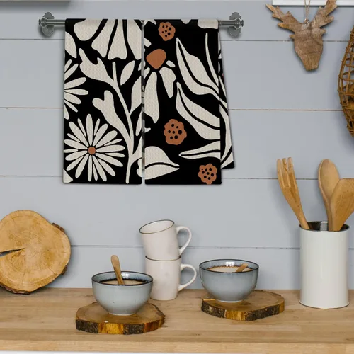 Vista 4 de Toallas de cocina abstractas bohemias, color beige y negro, Groovy 70, estilo botánico, retro, paño de secado para cocina, toallas de mano modernas