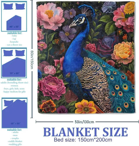 Vista 2 de Manta floral de pavo real, 40 x 50 pulgadas, mantas de pájaros exóticos para decoración de dormitorio, manta de franela de jardín, regalos