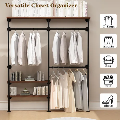 Vista 4 de HOMEKAYT Perchero Industrial de Tubería para Ropa, Perchero de Pared con Estantes, Estante Colgante de Ropa Multiusos de Servicio Pesado - 70.8''L