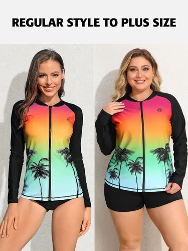 Vista 5 de ATTRACO Traje de baño de manga larga para mujer, con protección solar UV, cremallera y degradado
