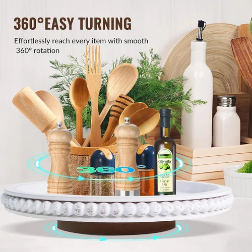 Vista 3 de HPC Decor - Organizador de madera Lazy Susan con cuentas de 12 pulgadas para decoración de mesa de granja, tocadiscos redondos para armario de mesa