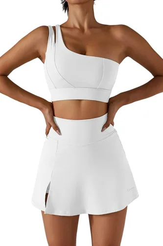 Vista 4 de QINSEN Sujetador de yoga de un hombro para mujer, tirantes recortados, atléticos, para correr, entrenamiento