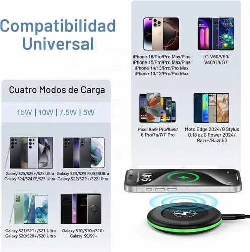 Vista 6 de Samsung S25 Cargador inalámbrico de carga rápida Android cargador para Samsung Galaxy S26 S25 Ultra/S24/S23/S22/S21/S20/iPhone 17/16 Pro 15W