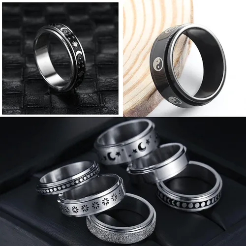 Vista 5 de yfstyle 4 anillos de banda lisa para hombres, anillos de acero inoxidable para hombres, anillos de boda geniales para hombres, anillos giratorios