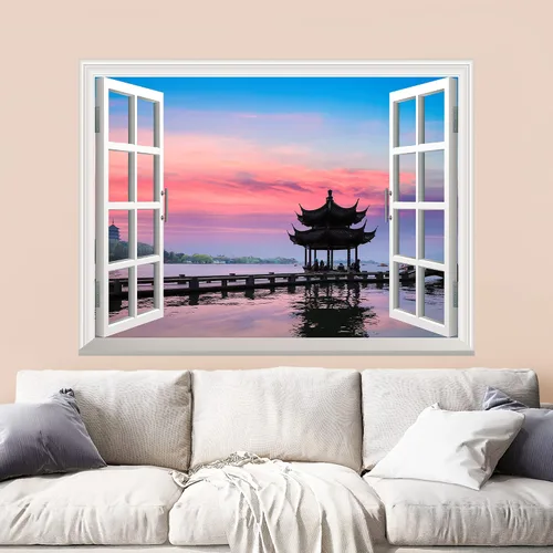 Vista 46 de wall26 Adhesivo de pared extraíble/mural de pared, hermoso Hangzhou al atardecer, silueta de pabellón antiguo en el lago del oeste, vista creativa