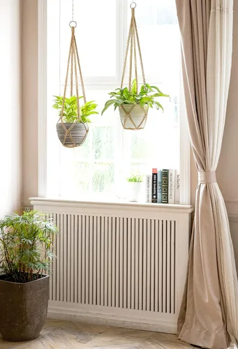 Vista 2 de Dahey Colgador de macramé para plantas, cesta colgante de interior hecha a mano, cuerda de algodón tejida a mano, soporte decorativo de ganchillo