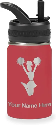 Vista 29 de LaserGram Botella de agua con tapa abatible de doble pared de 12 onzas con pajita, animadora, grabado personalizado incluido (negro)
