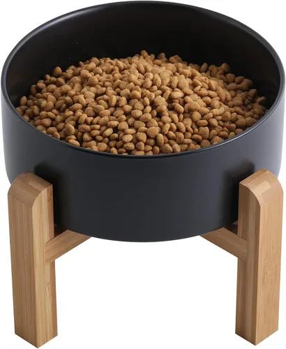 Vista 7 de Cuenco elevado de cerámica negro para perros con soporte de madera para razas pequeñas y medianas, plato de agua pesado, 6 pulgadas antideslizante
